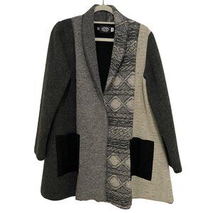 Cameleon Patchwork Wool Blend Long Open Front Cardigan Coat Sweater Size M